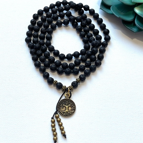 NEW Handmade Volcanic Lava Knotted Meditation Necklace Tree Of Life Pendant - Picture 3 of 5